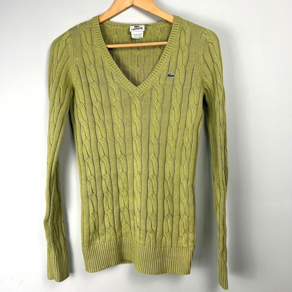 VTG Lacoste Womens Green Cable Knit V-Neck‎ Sweater Sz 36 US 4 Y2k Preppy Tennis